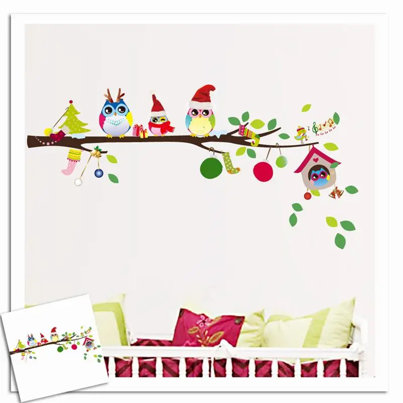 Merry Christmas With Lovely Owlets Wall Stickers For Kids Room Diy Festival Party Decoration Animal Tree Home Decal Wall Art