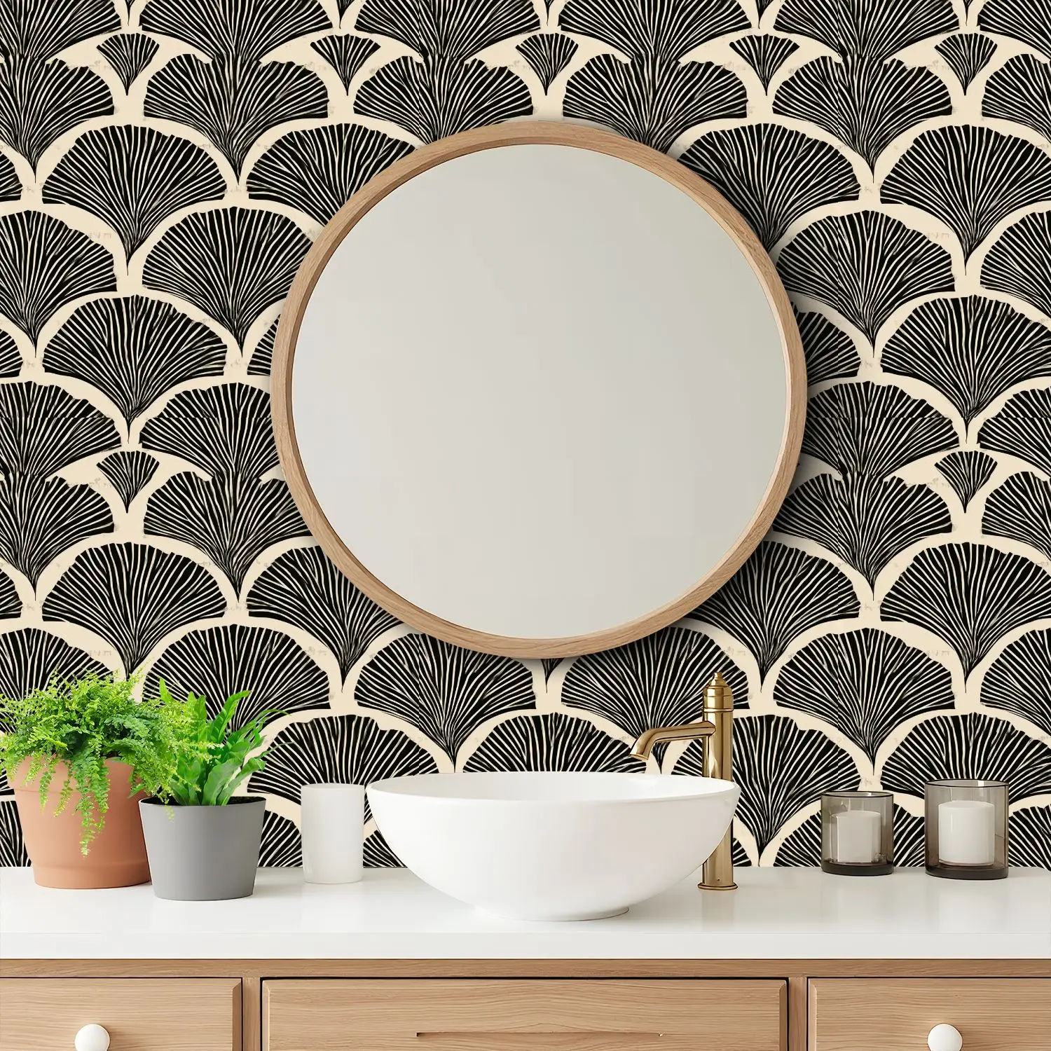 

Черно-бежевые веерные элегантные обои 22,83 "X 118" водонепроницаемые обои для гостиной/спальни/ванной комнаты ПВХ стикер на стену