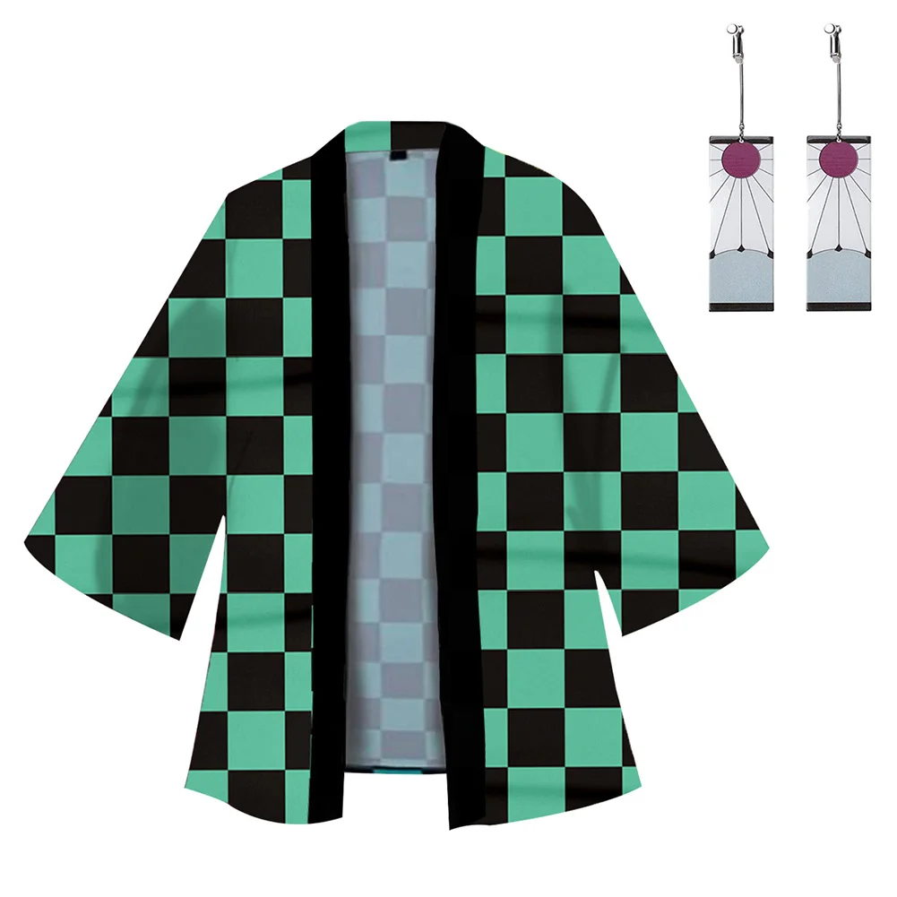 Anime Slayer Kimono Cardigan Robe Kamado Tanjirou Cospaly Costume Cotton Print Casual Coat with Earrings