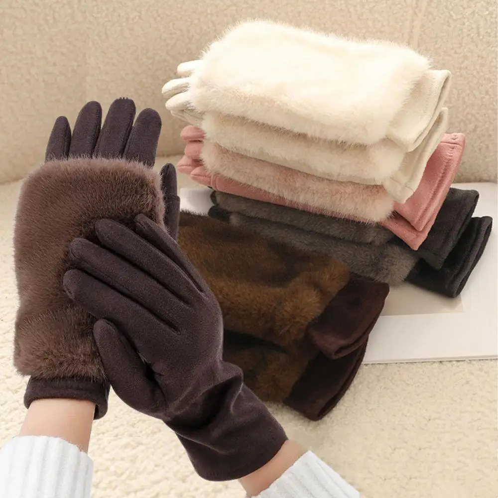 

Women Winter Rabbit Fur Gloves Cold Weather Winter Thickened Suede Gloves Outdoor Windproof Warm Driving Thermal Lining Gloves