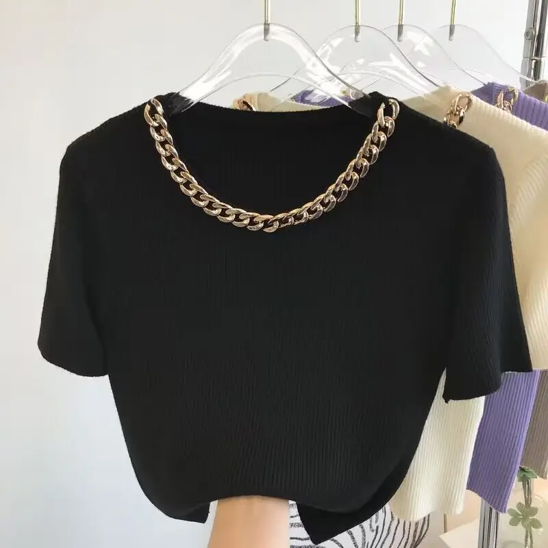 Shirts for Women High End Short Sleeve Knitted T-Shirt 2024 Summer French Office Lady Style Tops Femme Chic Chain Neck Tees