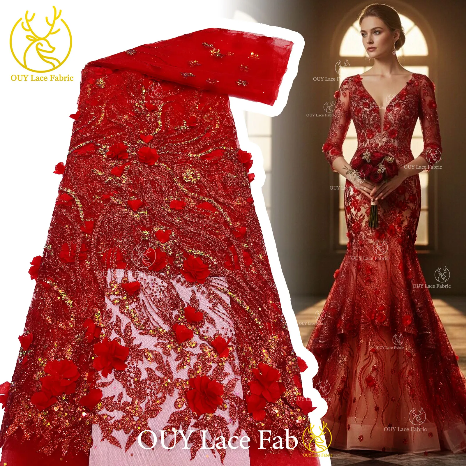 

Красная роскошная африканская 3D-ткань с цветочным кружевом 2026 года, высококачественная французская нигерийская кружевная ткань с клеевыми пайетками для свадебных и праздничных платьев