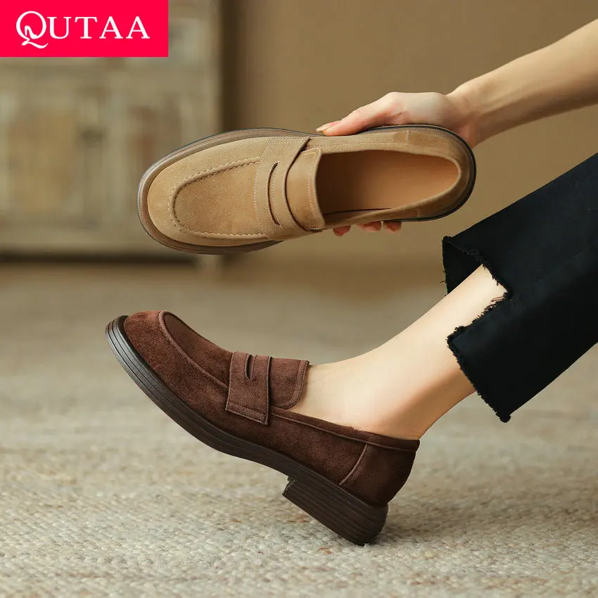 QUTAA 2024 Kid Suede Pumps For Women Square Low Heels Loafers Shoes Woman Round Toe Slip On Comfort Casual Shoes Size 34-41