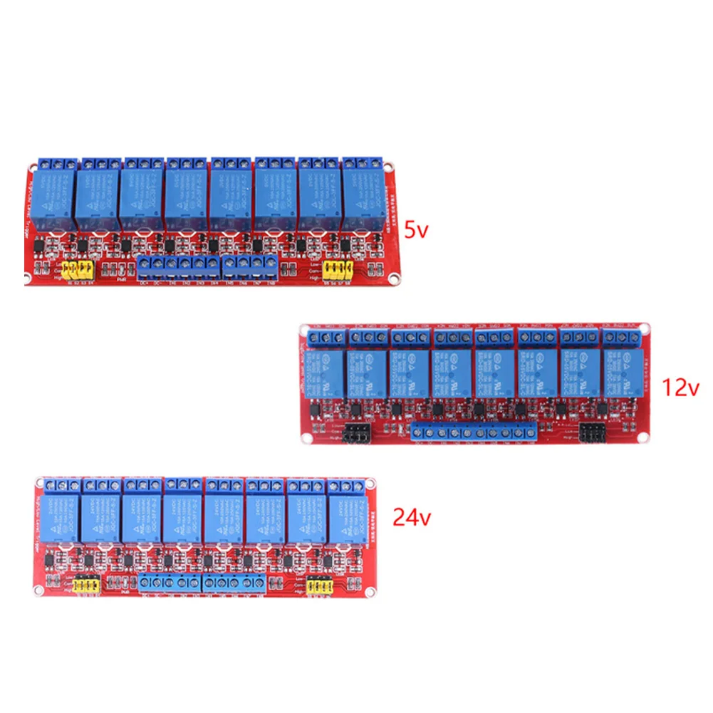 8-kanaals relaismodule met optocoupler-isolatie Triggercontrole op hoog en laag niveau LED-indicatoren Veiligheidssleuven