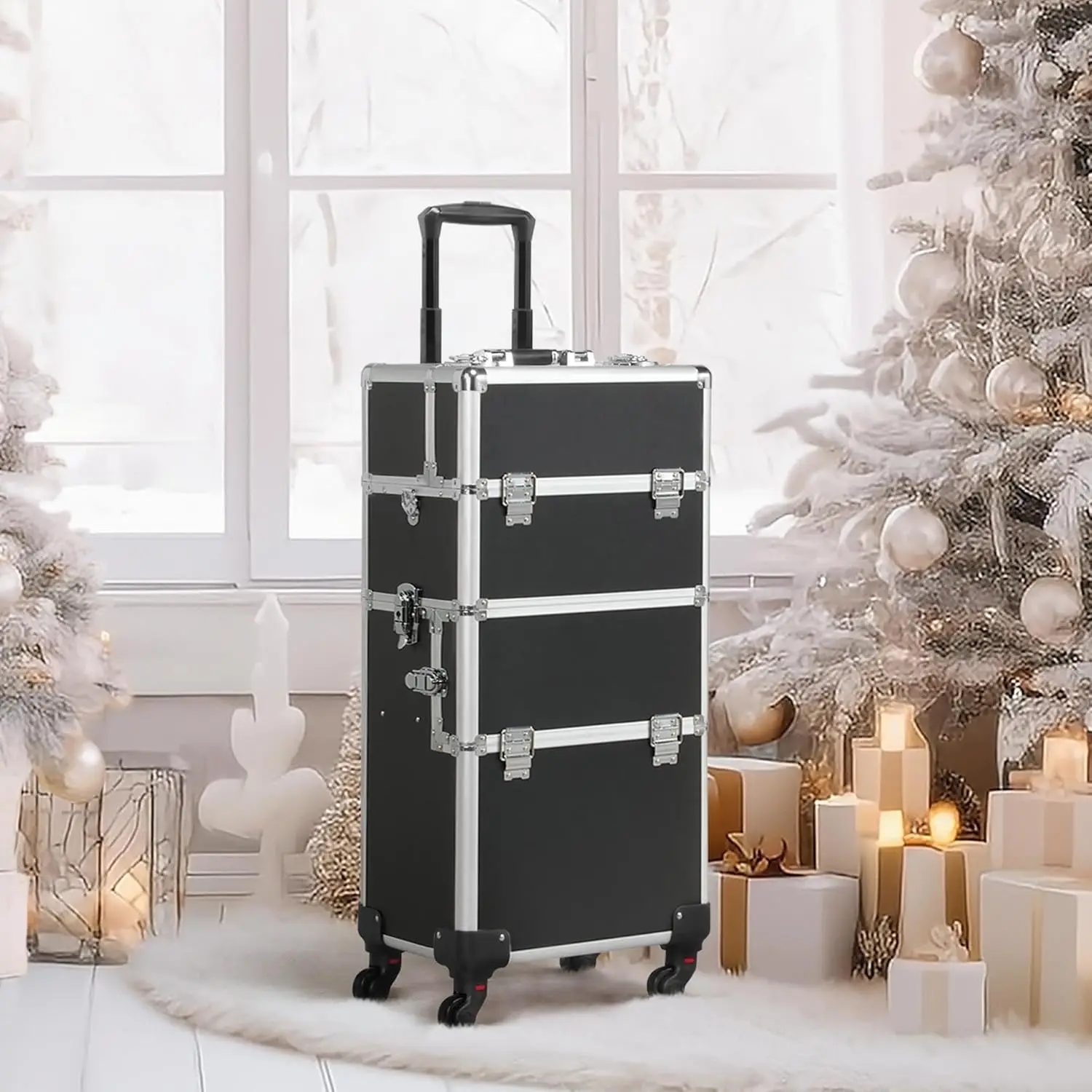 Koper Rias Profesional dengan Roda 360 °   Roda, Troli Aluminium Besar untuk Penyimpanan Perjalanan, Hitam