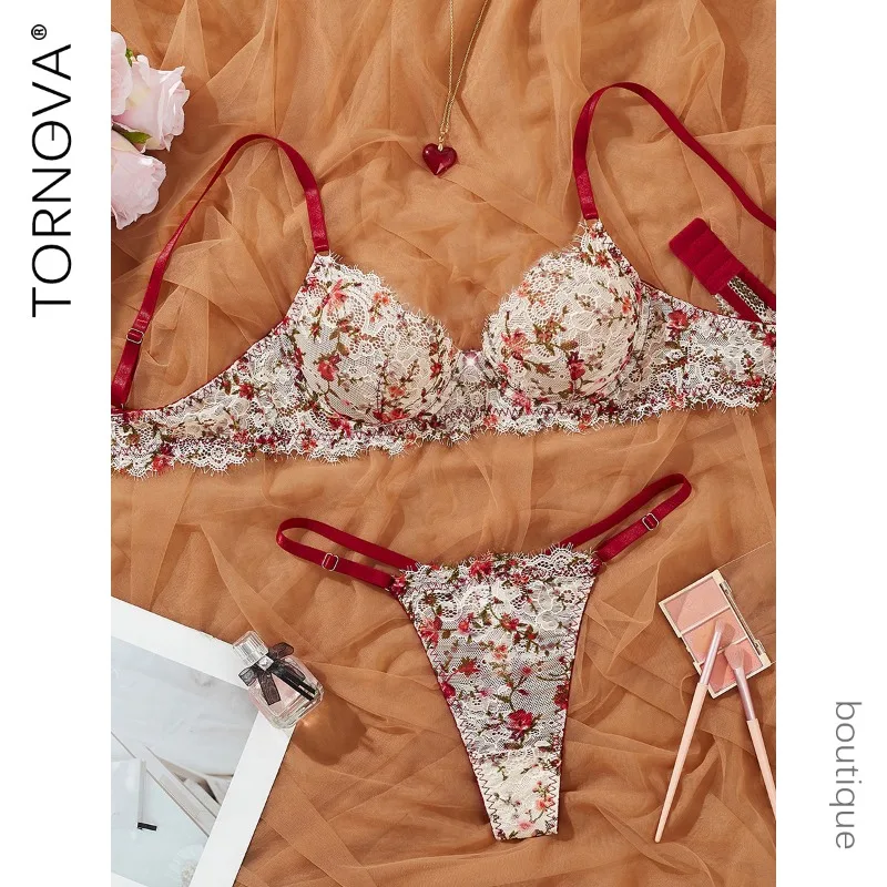 

Tornova Women Sexy Lingerie Panty 2PCS Embroidery Small Floral Hollow Out Slim Exposed Navel Seductive Delicate Underwear Set