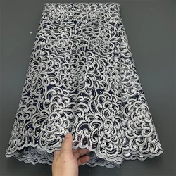 African Nigerian High-Quality Tulle Lace Fabric with Sequins Guipure Beads Stone Embroidery for Dresses 5Yards PS0062