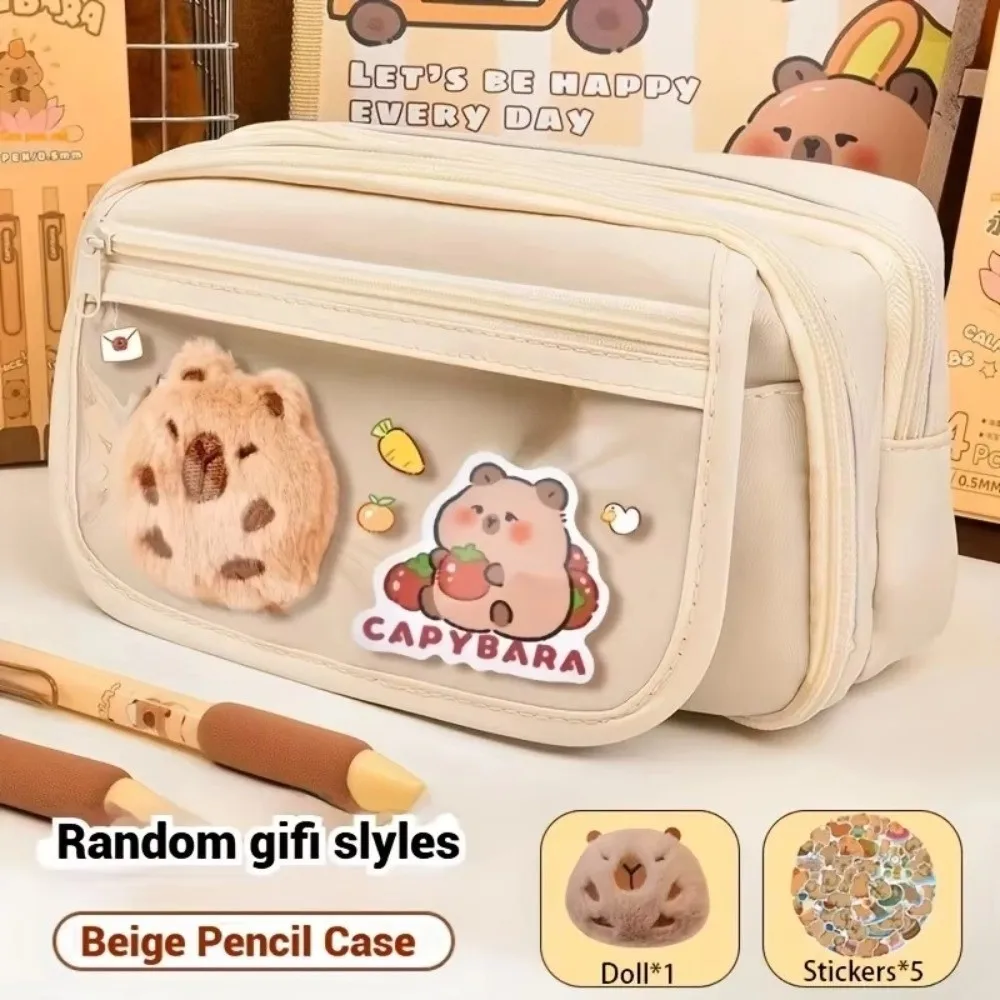 7Pcs Spacious Compartment Capybara Pencil Case Zipper Closure Nine Layers Pen Bag Doll Stickers Large Capacity