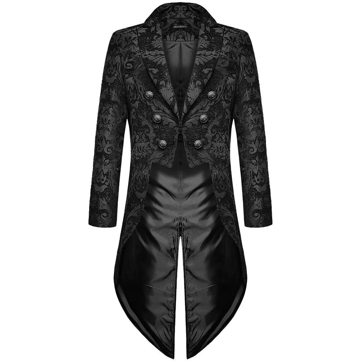 Mens Black Gothic Jacquard Tailcoat Halloween Stage Show Costumes Men Medieval Irregular Hem Steampunk Victorian Tailcoat Jacket