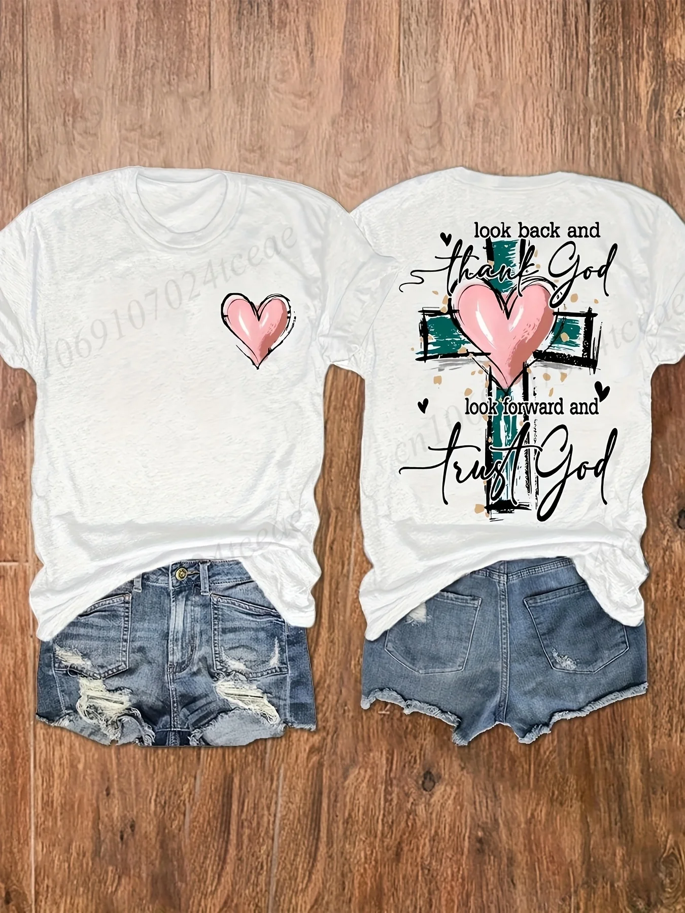 Faith Religious Cross Heart Graphic T‑Shirt Women Front & Back Print Thank God Trust God Letter Short‑Sleeve Casual Loose Tops