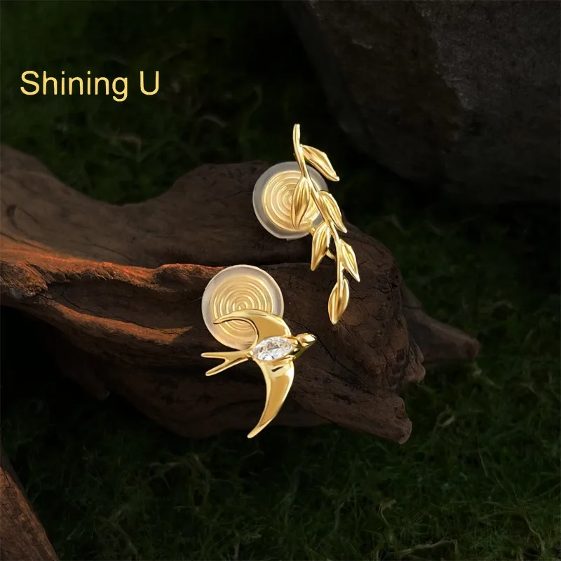 Shining U Swallow and Branch Stud Earrings for Women Gold Plated Fashion Jewelry Gift