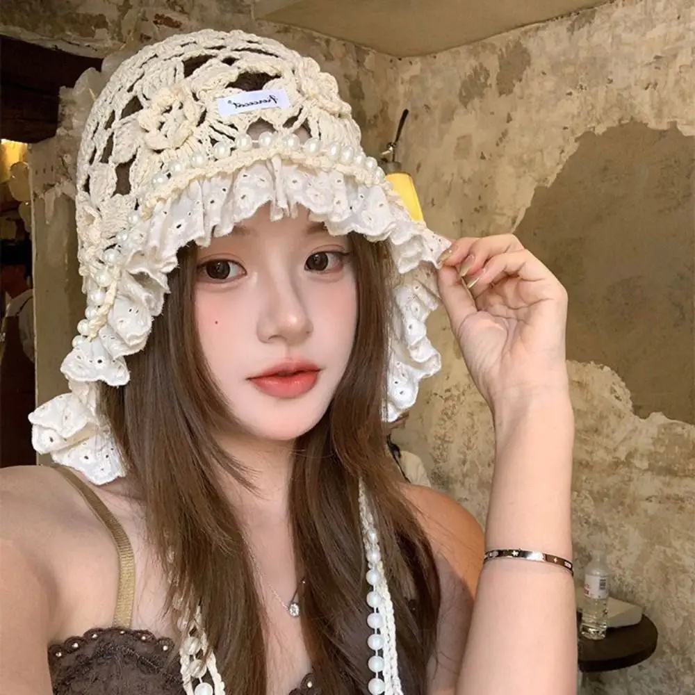 

Casual Pearl Tassels Crochet Flower Knitted Hat Hollow Out Thin Knit Cap Handmade Korean Lace Beanies Girls