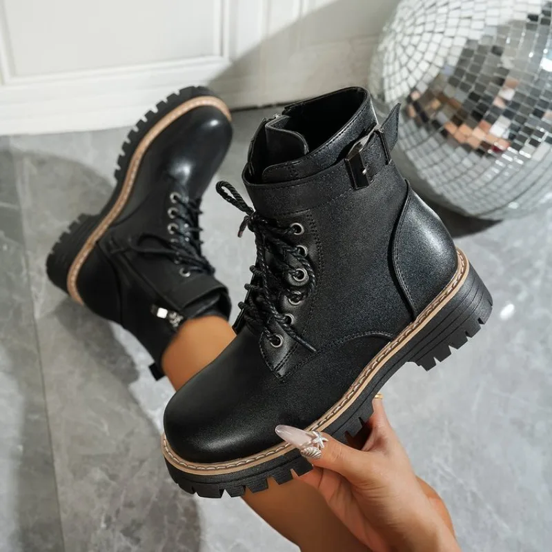 

Round Toe Thi Heel Boots Women's High Heel Waterproof Platform Ort Boots Small Size Retro White Soft Leather Boots Plus Size 43