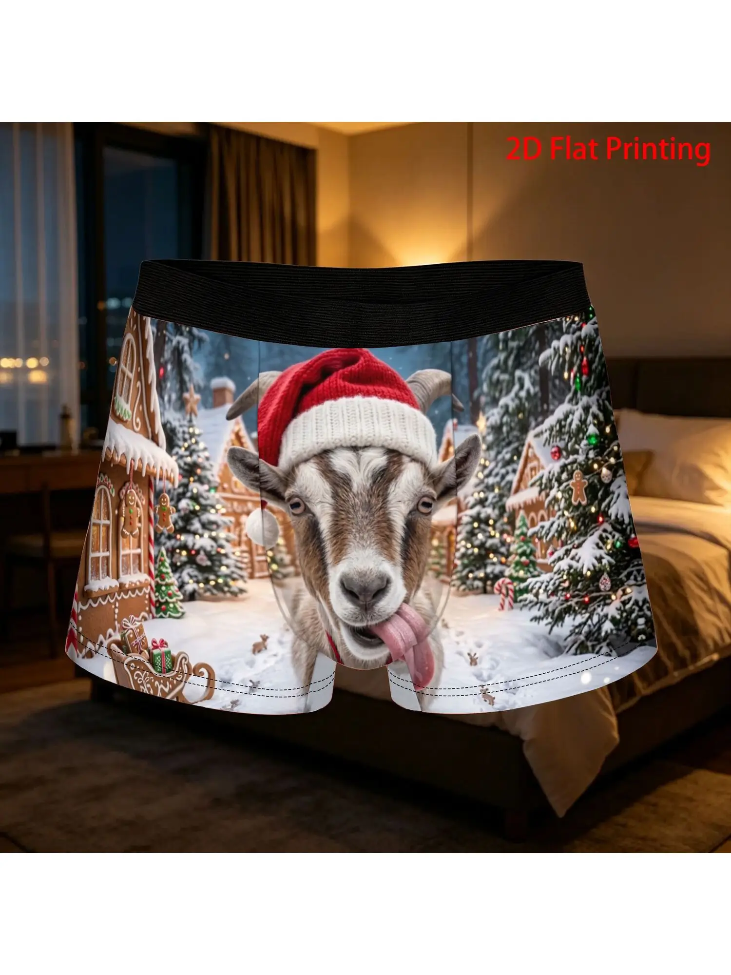 1pc Funny Christmas Goat Boxer Briefs with Santa Hat Print Underwear - Breathable Short Shorts Suitable for Holiday Parties