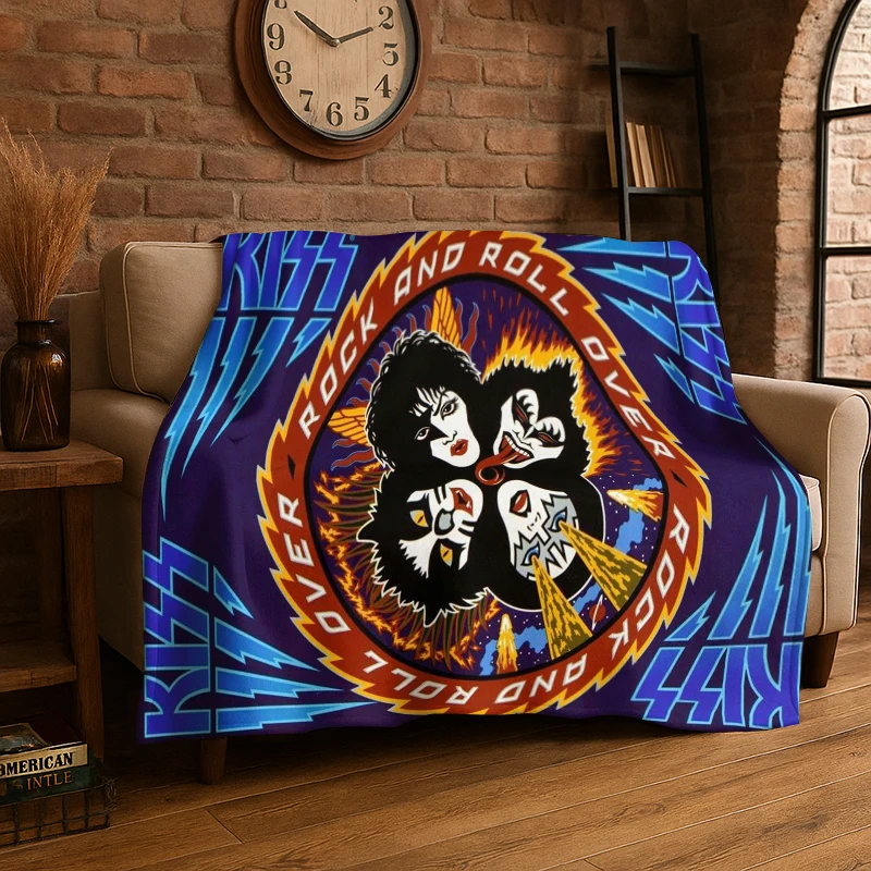 Retro Kiss Rock Heavy Metal Band Flannel Blanket Soft Warm Throw Blanket for Bedroom Living Room Bed Travel Camping Picnic Gift