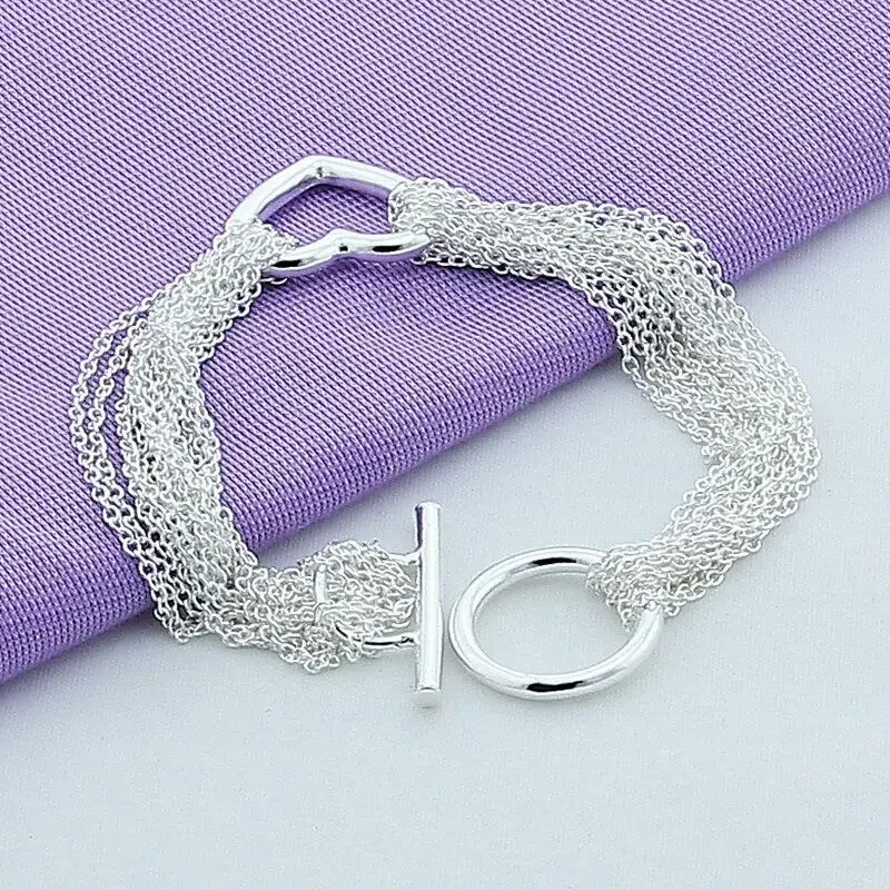 CHUANGCHEBG 925 Sterling Silver 8 Inch 20CM Heart Tassel Braided Bracelet With Toggle Button