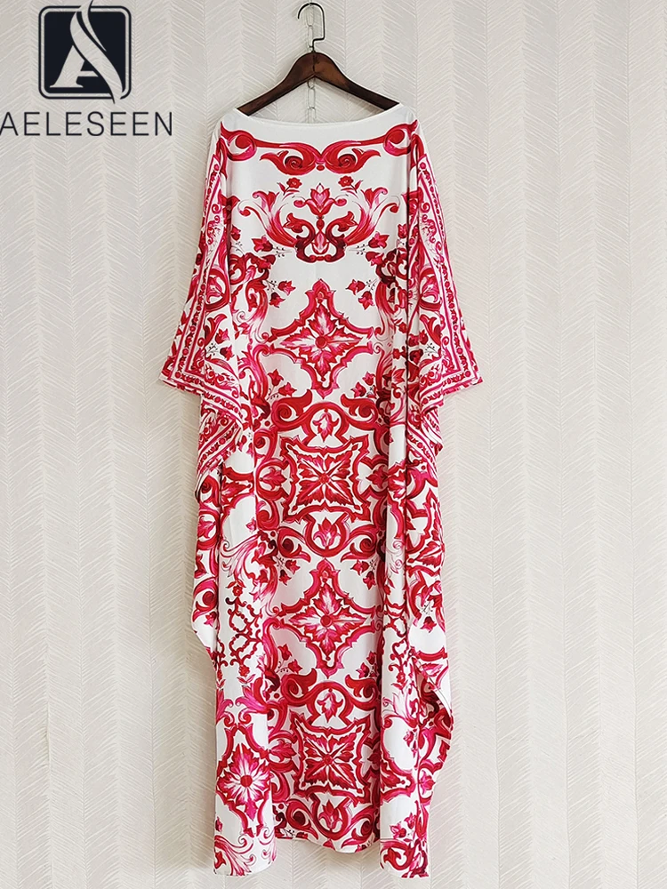 

AELESEEN Women Siciliy Autumn Dress Design Fashion Red Flower Print Porcelian Batwing Loose Party Holiday Robe