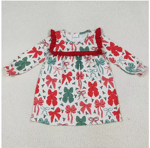 女の子ドレスカラフルな弓クリスマスフリル膝丈ドレスブティックキッズ子供服女の子ドレスホット
