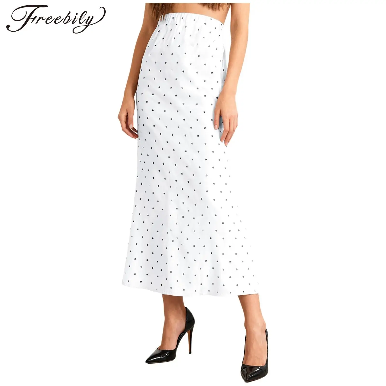 Saias femininas vintage bolinhas 2025 nova primavera comprimento médio cetim sereia saias para mulheres verão cintura alta saias casuais