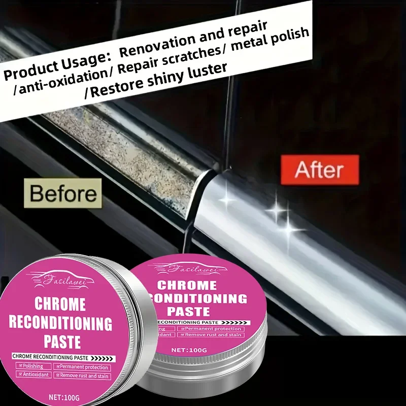 

Восстанавливающая паста для хромированных деталей транспортных средств, предназначенная для обновления окисленной хромированной отделки и эмблем, поставляется с губкой.