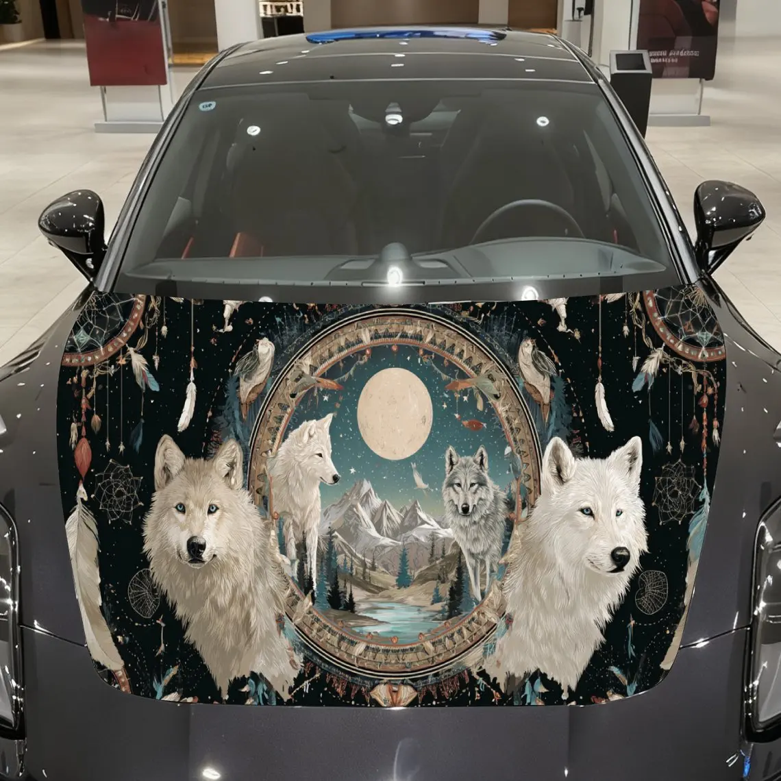 

Wolf Car Hood Cover, Dreamcatcher and Mountain Moon Scene Car Exterior Decal, Auto Cover Sticker, Waterproof and Self-adhesive C