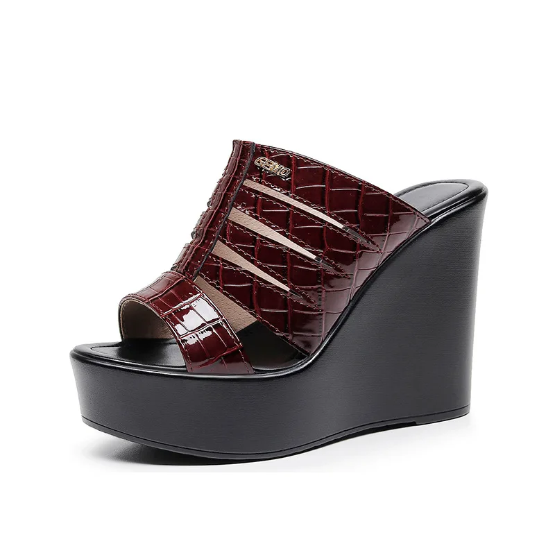 High quality summer leather wedge Slipper for women 6cm 8cm 10cm high heel 33 34 open toe elegant fashion shoe view 5