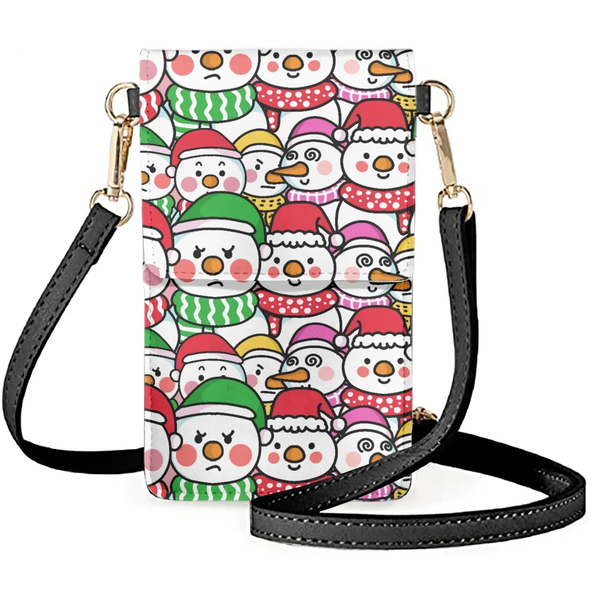 Merry Christmas Snowman Elk Pattern Women's Leather Wallets Phone Bag Mini Shoulder Messenger Bags Coin Purse Card Bags Handbag