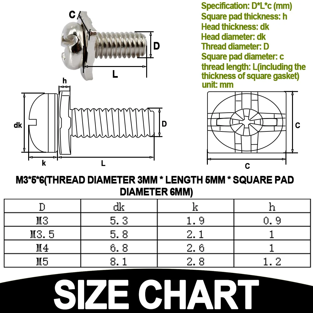 20 Pcs M3 M3.5 M4 M5 Nickel Plated Square Washer Two Combination Screw Phillips Terminal Block Screw Leakage Switch Accessories