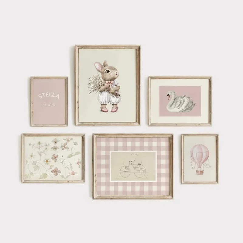 Rustic Nature Animal Wall Art Poster Set of 6 Personalized Nursery and Kids\' Room Decor Custom Name Print in Soft Tones Framelss