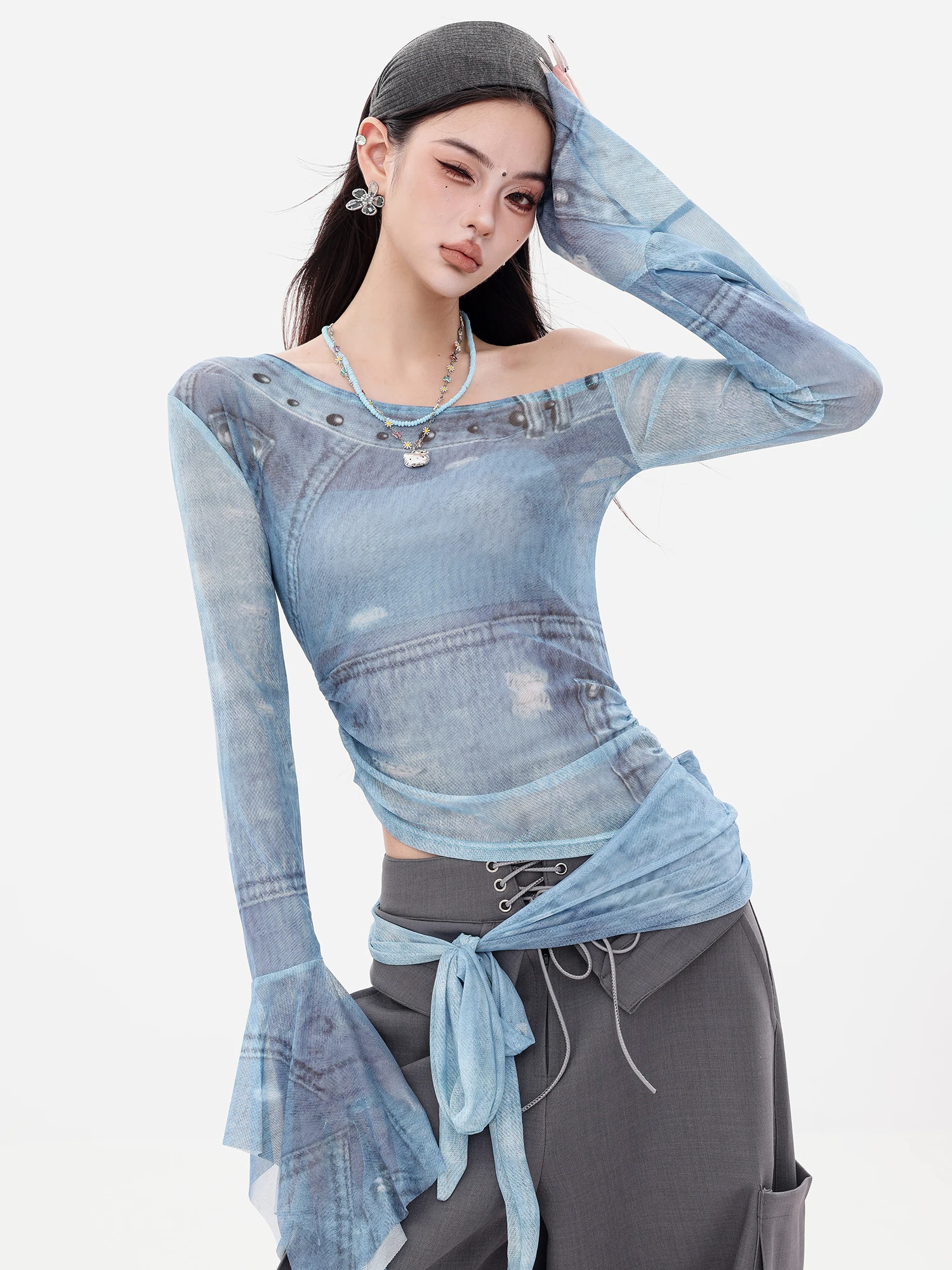 

Женская футболка ABWEAR Spicy Girl Sle Me, облегающая футболка с открытыми плечами Long Sve Bell Sve Top Faion Sensation Design