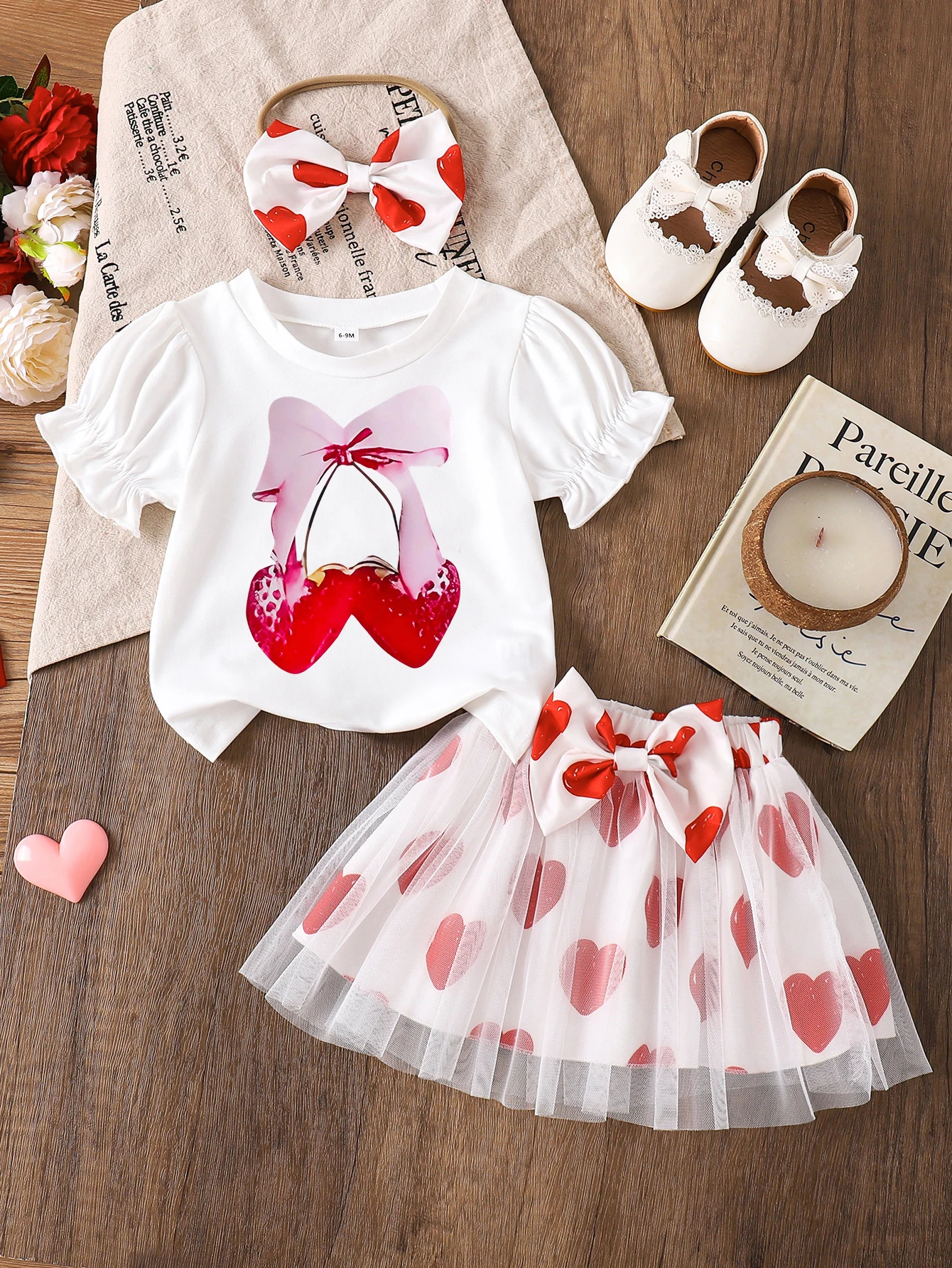 Ensemble de 3 pièces pour bébé fille de 0 à 24 mois, T-shirt mignon à motif cerise, jupe Tutu, bandeau, tenues