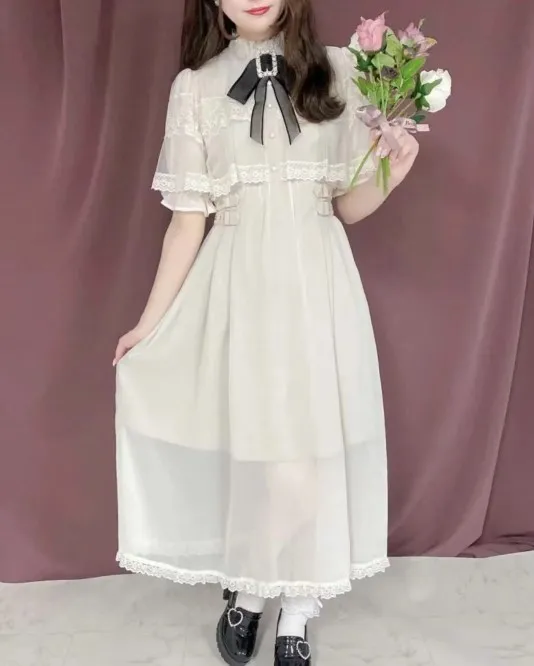 Vestido de Renda com Cintura Alta em A, Estilo Dr Cover Up, Produção em Camadas Duplas com Colarinho de Alfinete