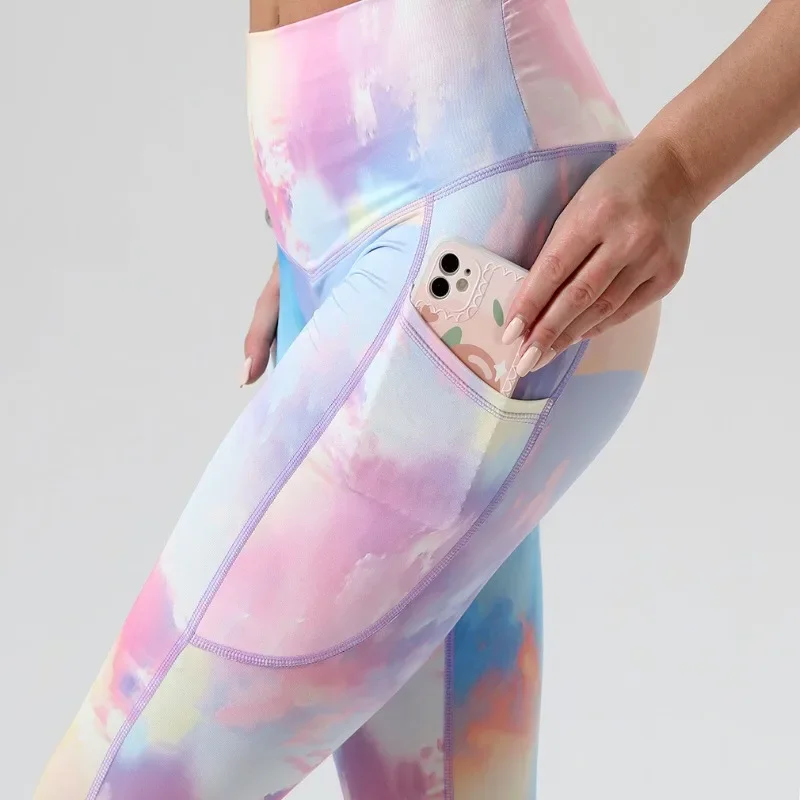 Damskie bezszwowe legginsy treningowe Tie Dye kieszeń z wysokim stanem sportowe legginsy nowe seksowne rozciągliwe spodnie do joggingu Fitness