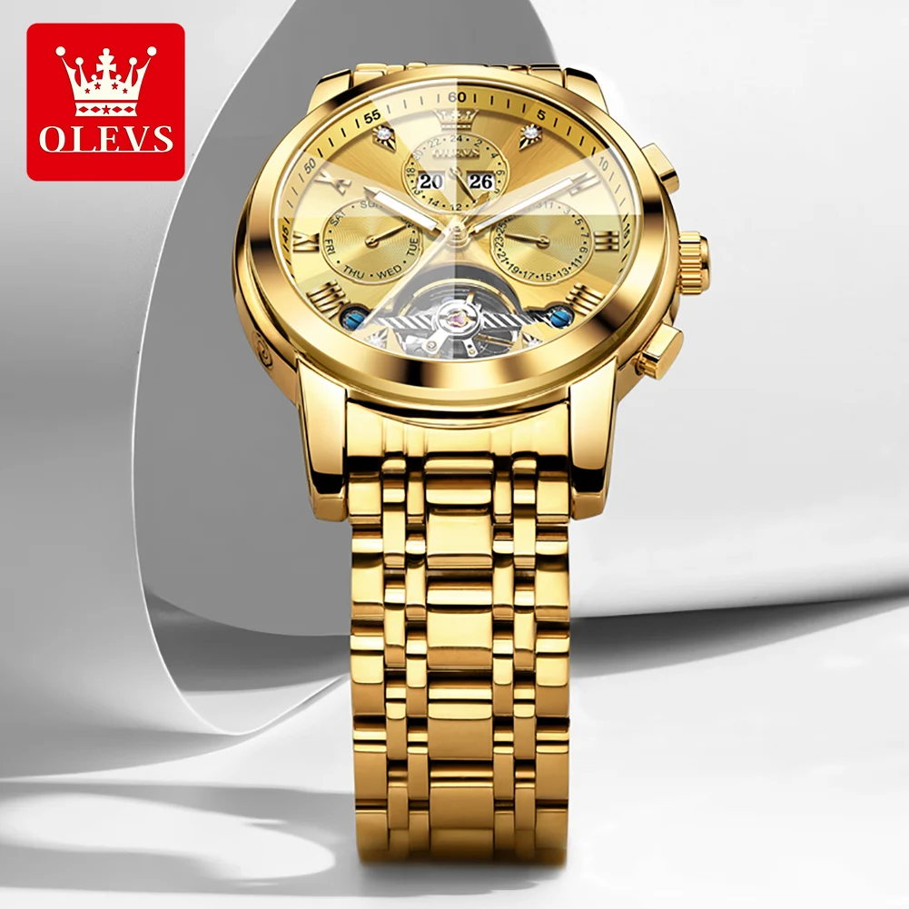 OLEVS Automatic Mechanical Watches for Men Stainless Steel Skeleton Flywheel Perpetual Calendar Rhombus Mirror Luxury Man Watch