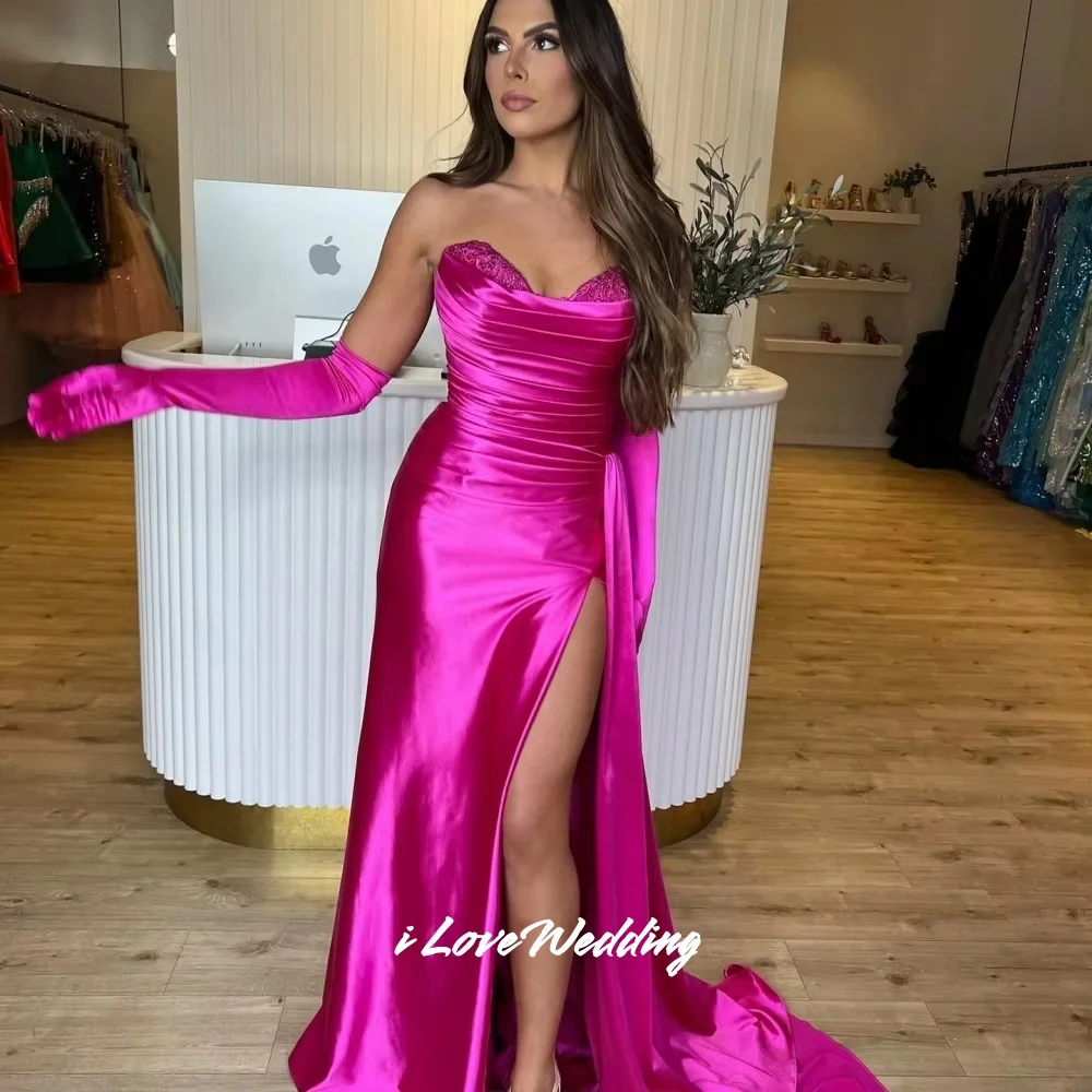 

Pink Strapless Evening Dresses Sweetheart Detachable Sleeves Mermaid Side Split Sweep Train robes de soirée Pleated Customized