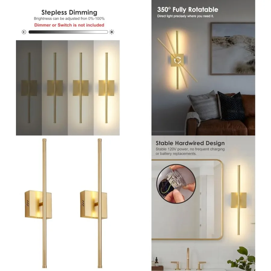

Hardwired Wall Sconces Set of Two, 3000K Warm White Dimmable Modern Wall Sconces, 350° Rotate LED Light Fixtures Wall Lamp for