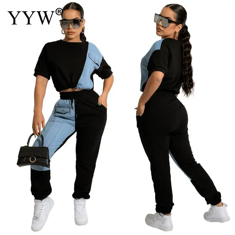 

Ladies Sports Casual Denim Panel Suit Summer Fashion Trendy Wear Short Sleeve + Long Pants 2 Piece Sets Womens Outfits Clothing