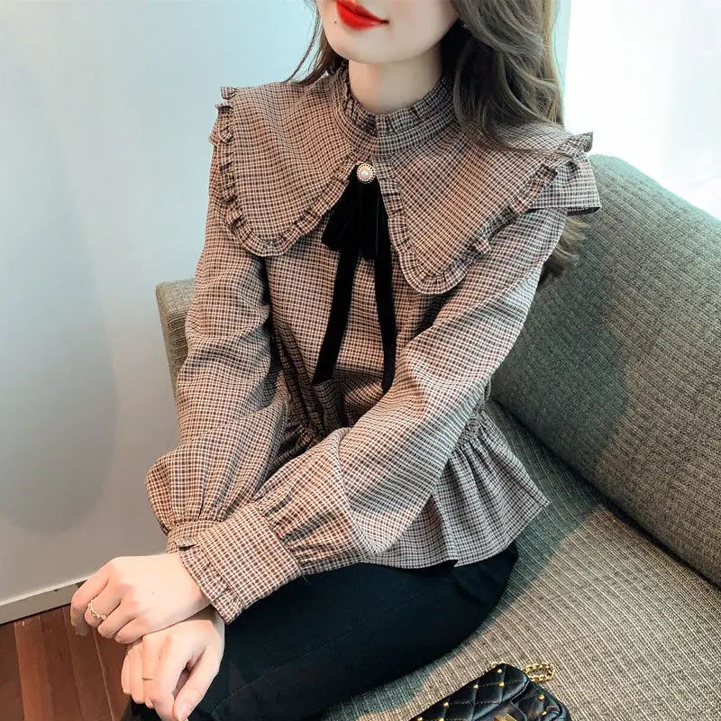 Ruffles Patchwork Pleated Blouse Spring Autumn New Long Sleeve Plaid Youth Vintage Shirt Tops Fashion Elegant Women Clothing