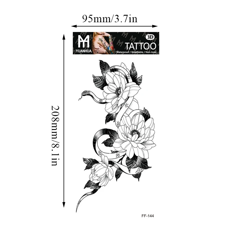 Sexy Black Flower Temporary Tattoos For Women Thigh Men Arm Sleeve Rose Flower Realistic Fake 3D Tatoos Forearm Tattoo Stickers