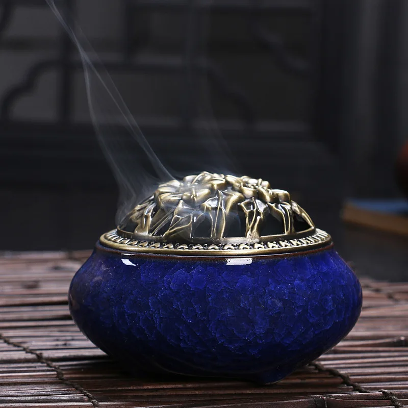 Ciqcai Keramik Eis Riss Platte Weihrauch Brenner, Heimtextilien Kupfer Abdeckung antike Legierung Weihrauch Platte Aroma Diffusor Weihrauch Brenner 8