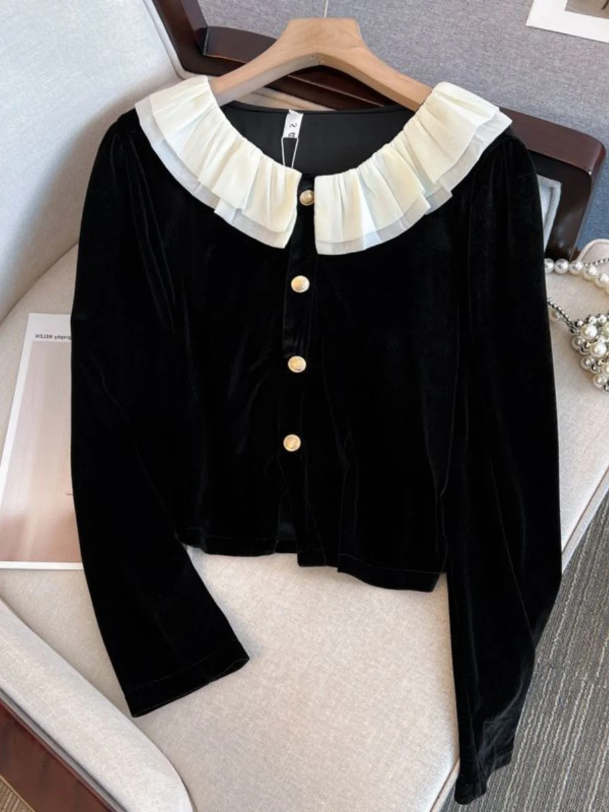 

Velvet Shirt Women's Autumn Winter Slimming Base Layer Top Leaf Collar Design Sense Female Personality Display Shirt