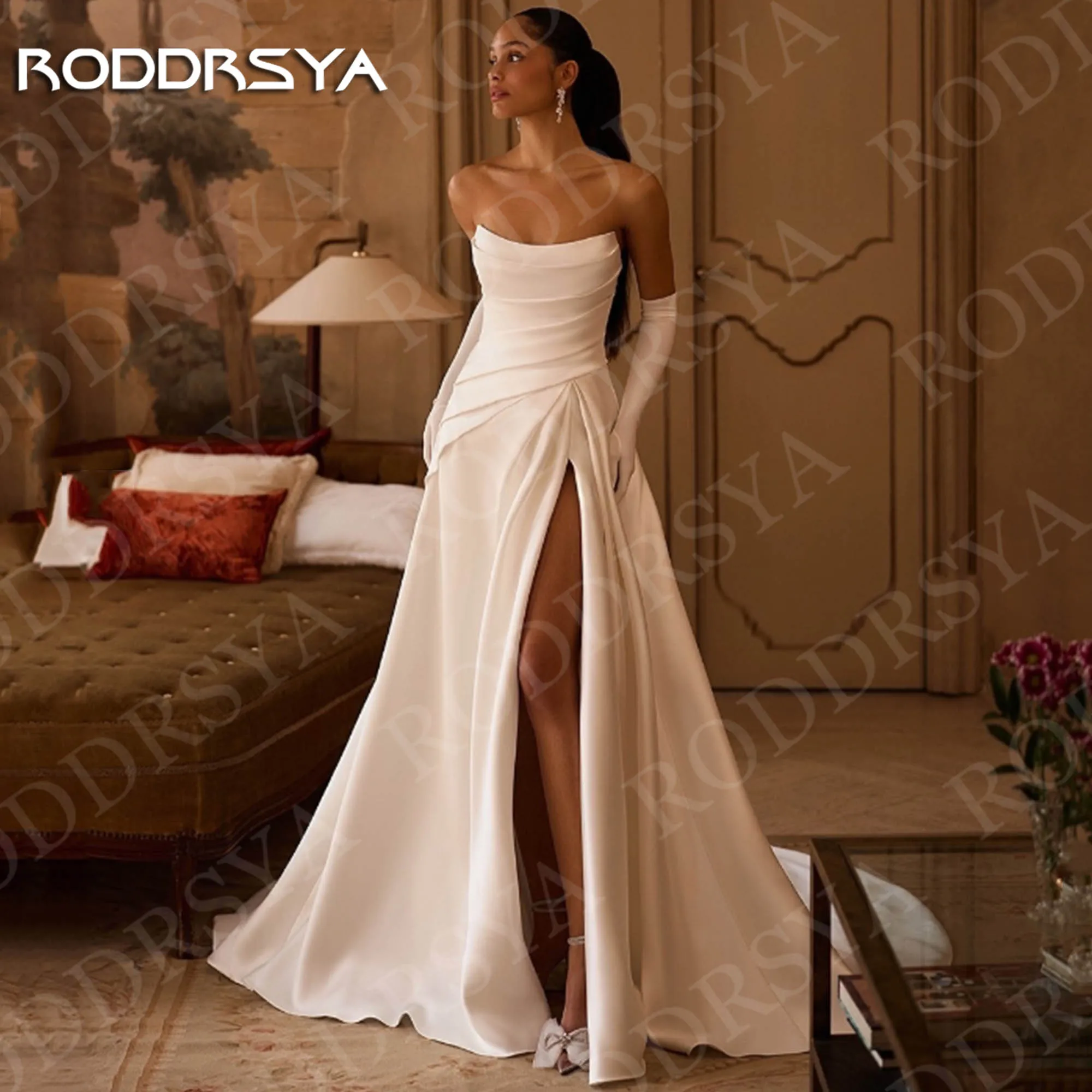 RODDRSYA robe de mariée en Satin ivoire Simple bretelles haute fente une ligne robes de mariée sans manches femme robe de mariage personnalisée Satin robe de mariée ivoire simple sans bretelles haute fente une ligne ro