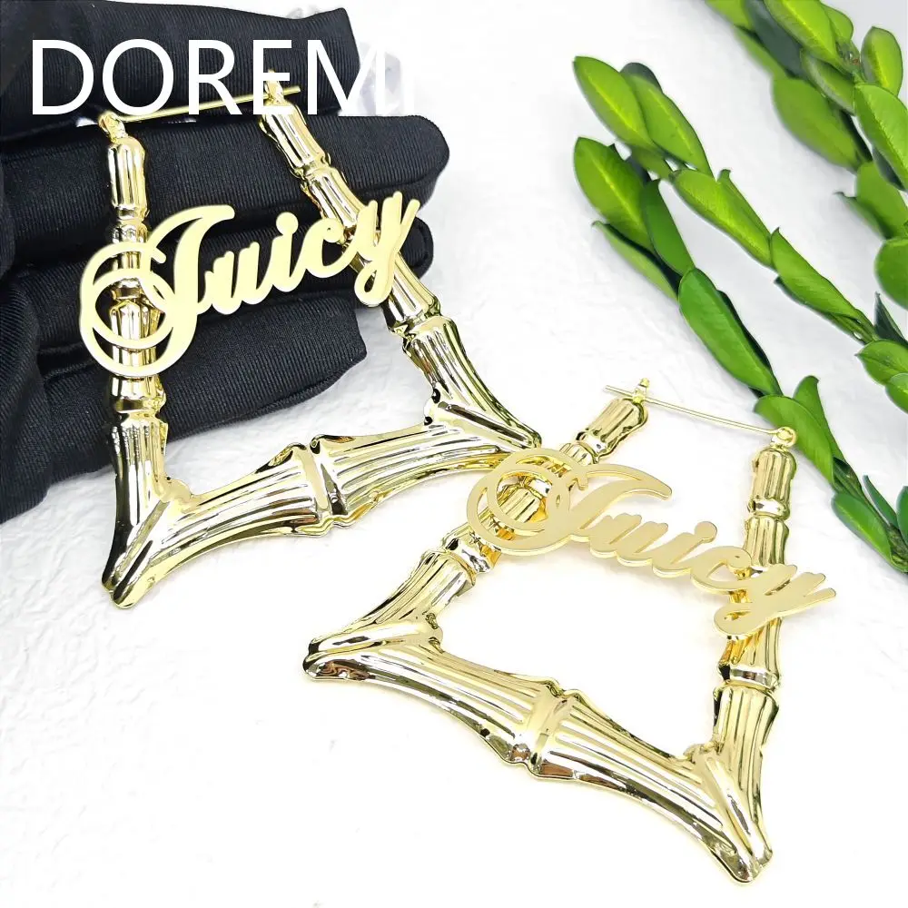 DOREMI DIY Letter Custom Name Earring Exaggerate Custom Name Stainless Steel Ladder-shaped Hoops Trapezoidal Bamboo Earring Hoop