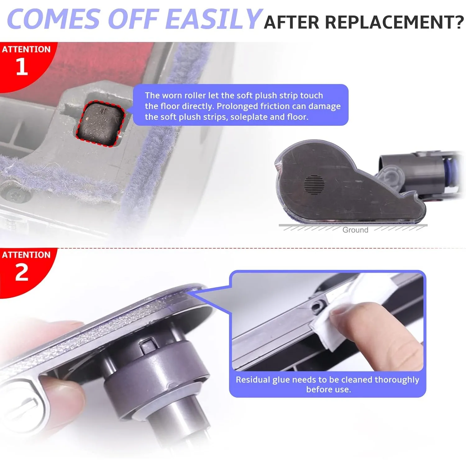 Vacuum Cleaner Soleplate Felt Strip Kit - Soft Plush Replacement for Dyson V6-V15 & DC58-DC74 Heads (4 Long + 4 Short Strips)​