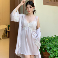 Sexy Spring Summer 2 Pieces Women's Robe Sets Long Sleeve Royal Roupas De Dormir Femininas White Embroidered Lace Sleepshirts