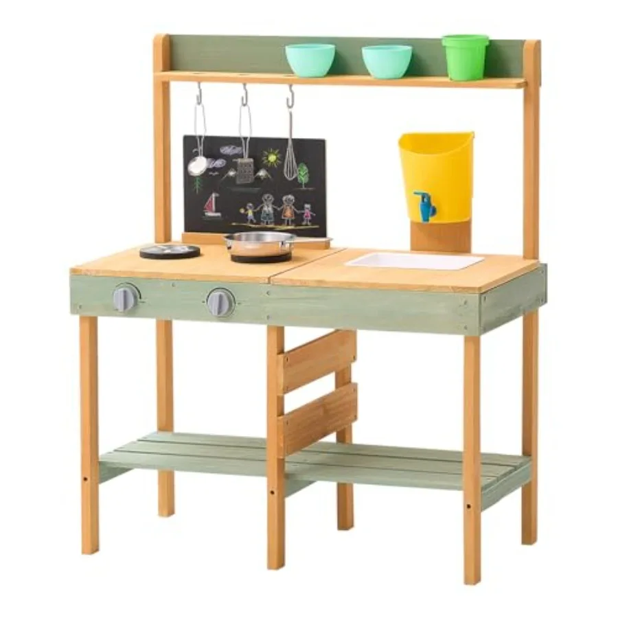 

Wooden Play Kitchen Outdoor Mud Kitchen for Toddler Playset Kitchen Playset with Planter Box Stoves Tank Faucet Blackboard Cook