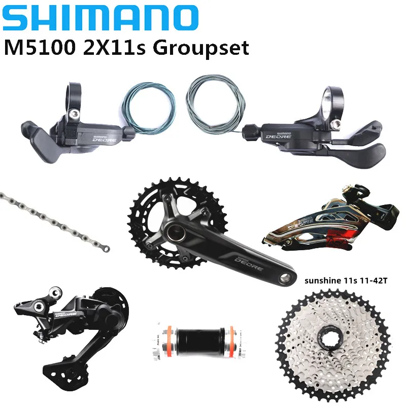 Shimano Deore M5100 2x11s Groupset MTB Bike 170mm 175mm 36T-26T Crankset MT501 BB52 RD-M5120 Sunshine11-42T Cassette Shifter Set