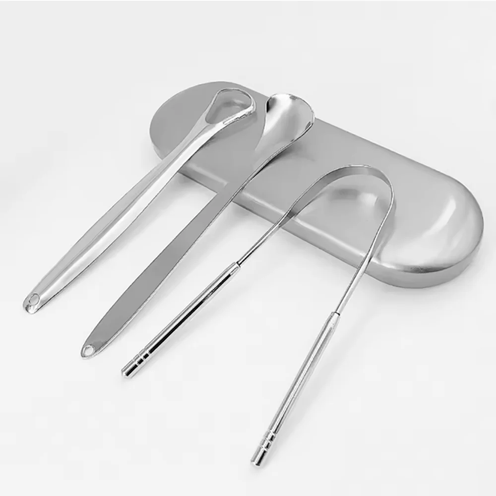 Premium 3pcs/set Metal Tongue Scraper Cleaner for Adults & Kids Portable Stainless Steel Tongue Scrapers Brushes for Removing