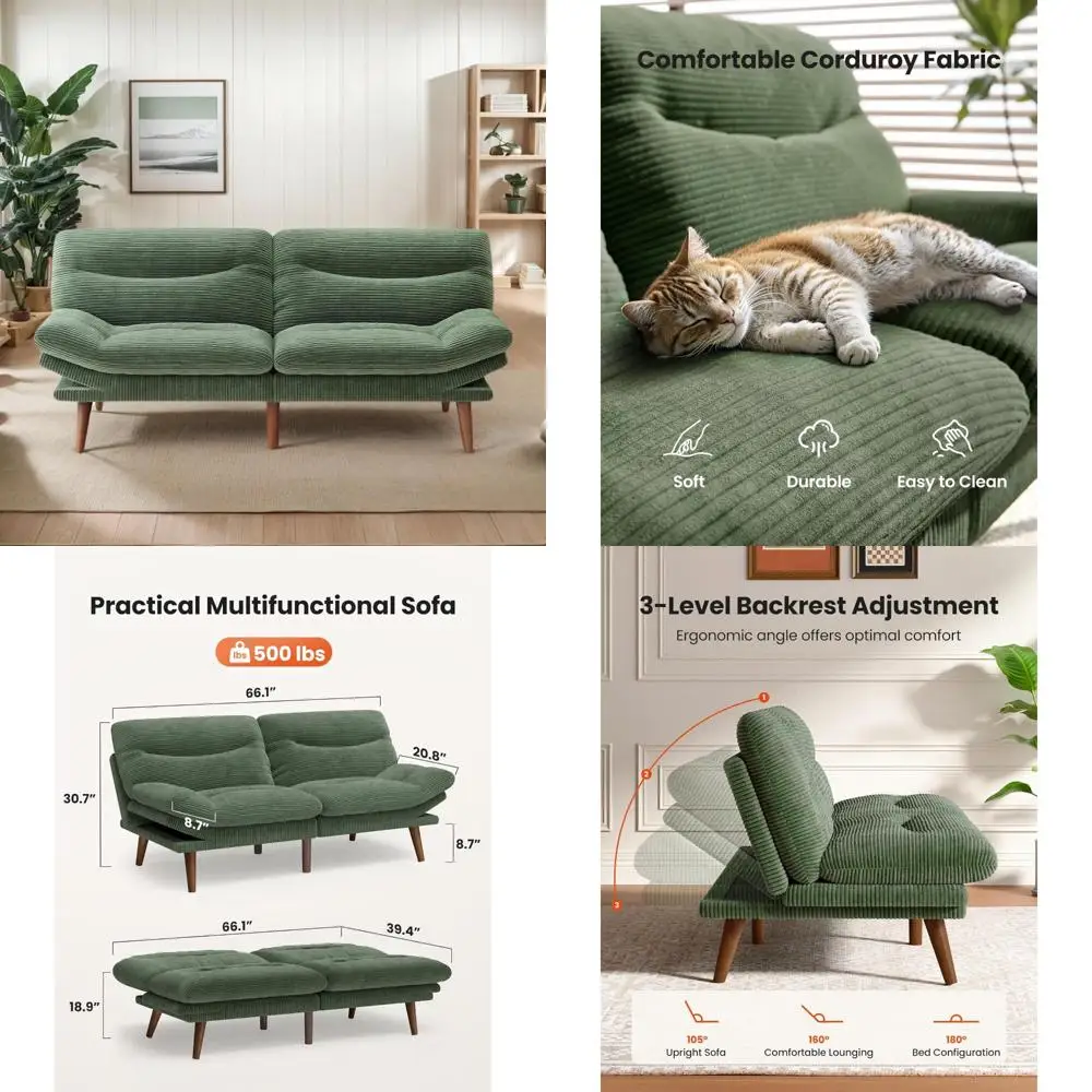 

green 66" convertible futon sofa bed with adjustable backrest and armrests, ideal for small spaces and playrooms