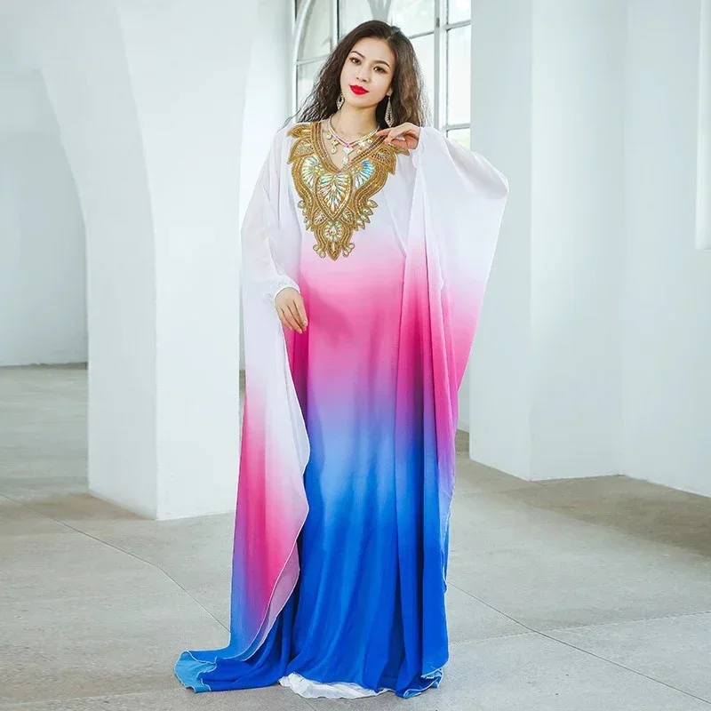 Gradually Changing Color Traditional Khaleeji Thobe Dress Chiffon Belly Dance Clothes Kaftan Dress Competition Khaleegy Costume